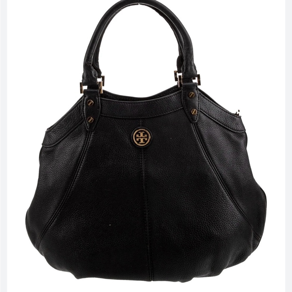 Tory Burch Black Pebbled Leather Tote with Gold Logo